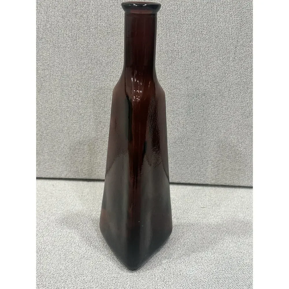 VTG MCM Dark‎ Amethyst Geometric Art Glass Bottle Triangle Shaped Vase 9.5” Tall